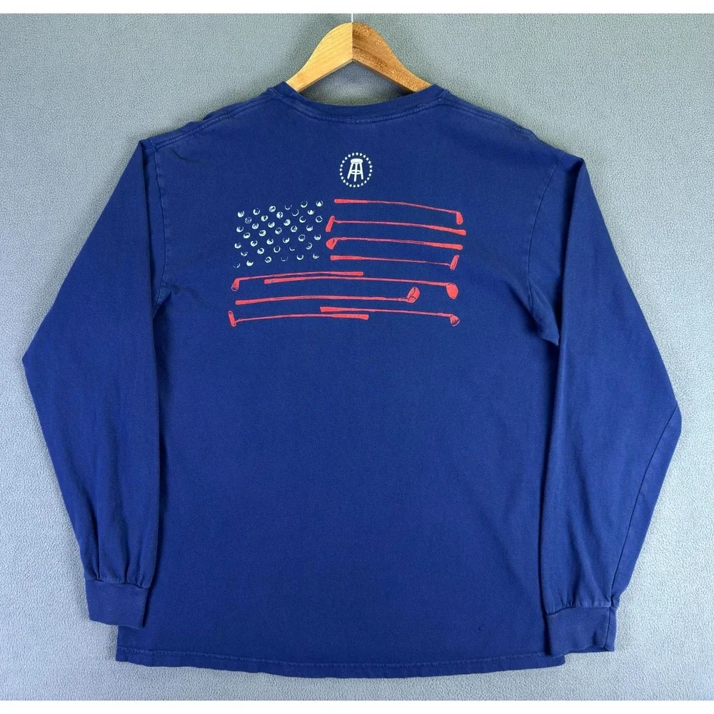 Bar Stool Sports Shirt Large Blue Comfort Colors USA Flag Patriotic Pocket Tee‎